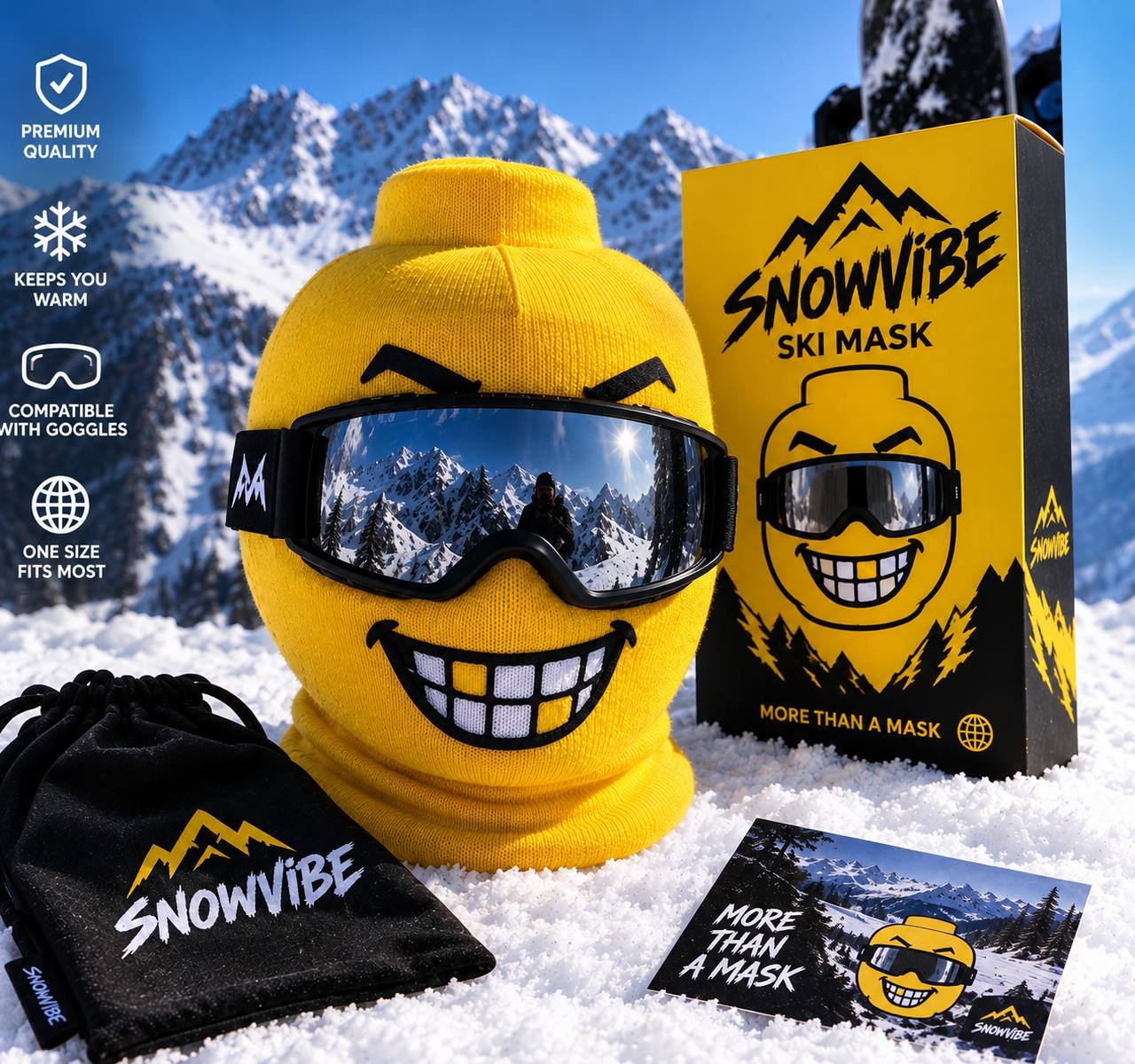 SNOWVIBE yellow ski mask with goggles, box and pouch in the snow