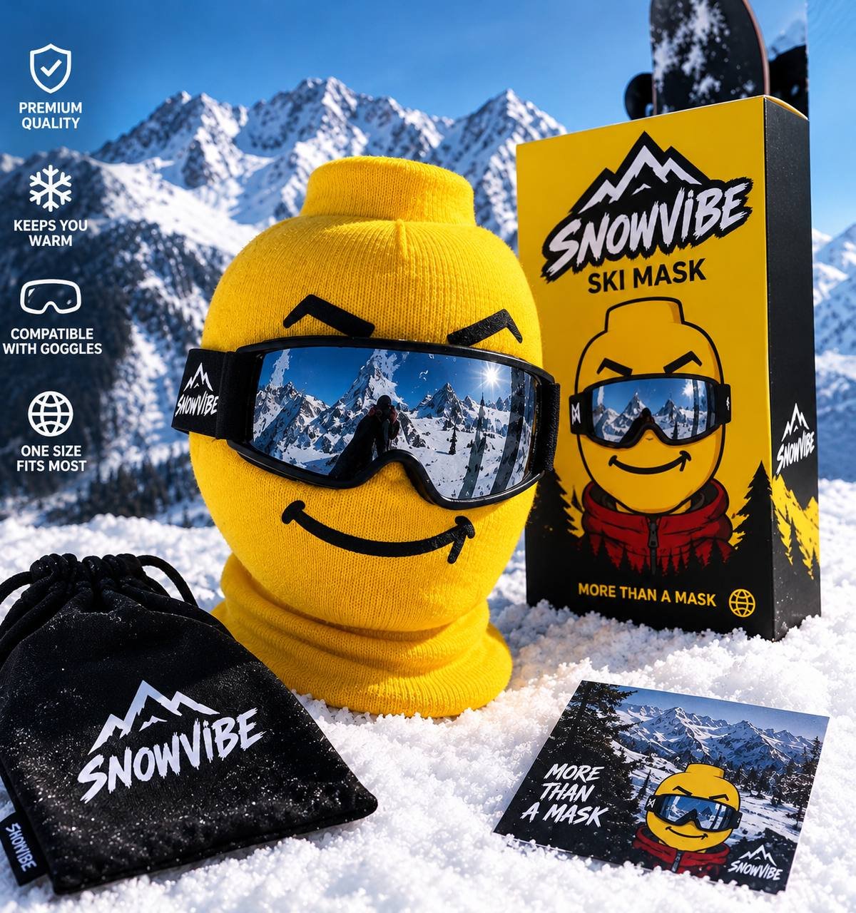 SNOWVIBE yellow ski mask with goggles, box and pouch in the snow
